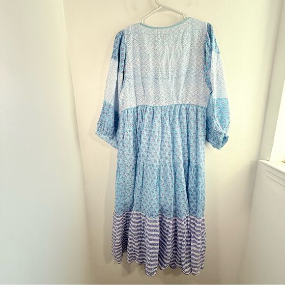 Clara The Label Blue Floral Block Print Tiered Balloon Sleeve Maxi Dress Medium - Picture 10 of 14